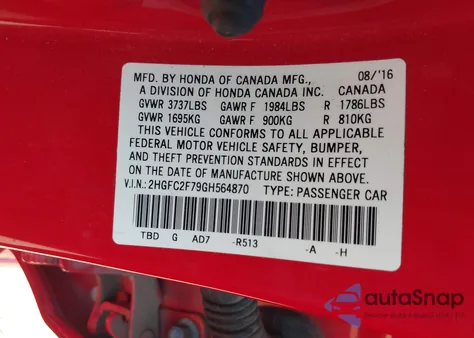 2016 Honda Civic Ex z USA, uszkodzony, nr VIN 2HGFC2F79GH564870